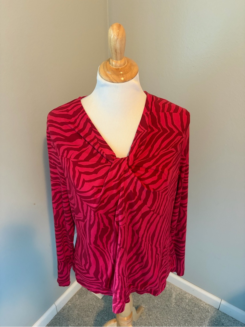 CAbi Red Zebra-Print Twist Front Long Sleeve Feline Tee Top #4631